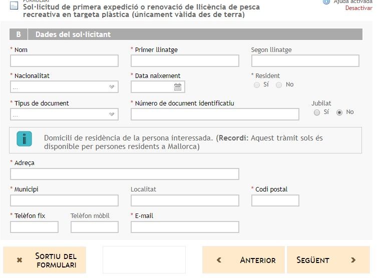 Datos adjuntos Formulario online del sistema de solicitud de licencia de pesca de Baleares